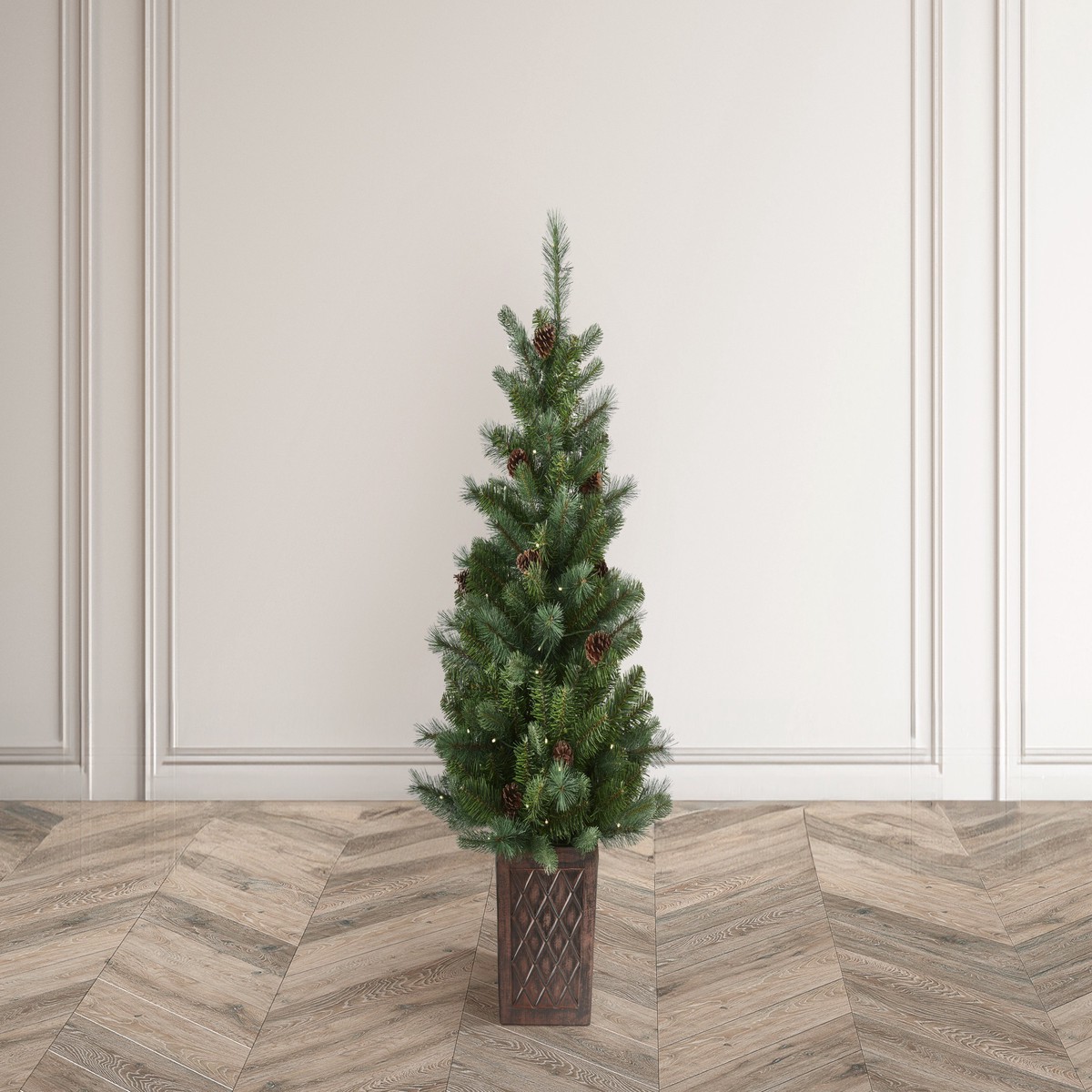 HAZELNUT PINE Porch Tree - 4ft with 100 Warm White LED 5mm bulbs and STN 8 Function - Battery Operated- Potted
