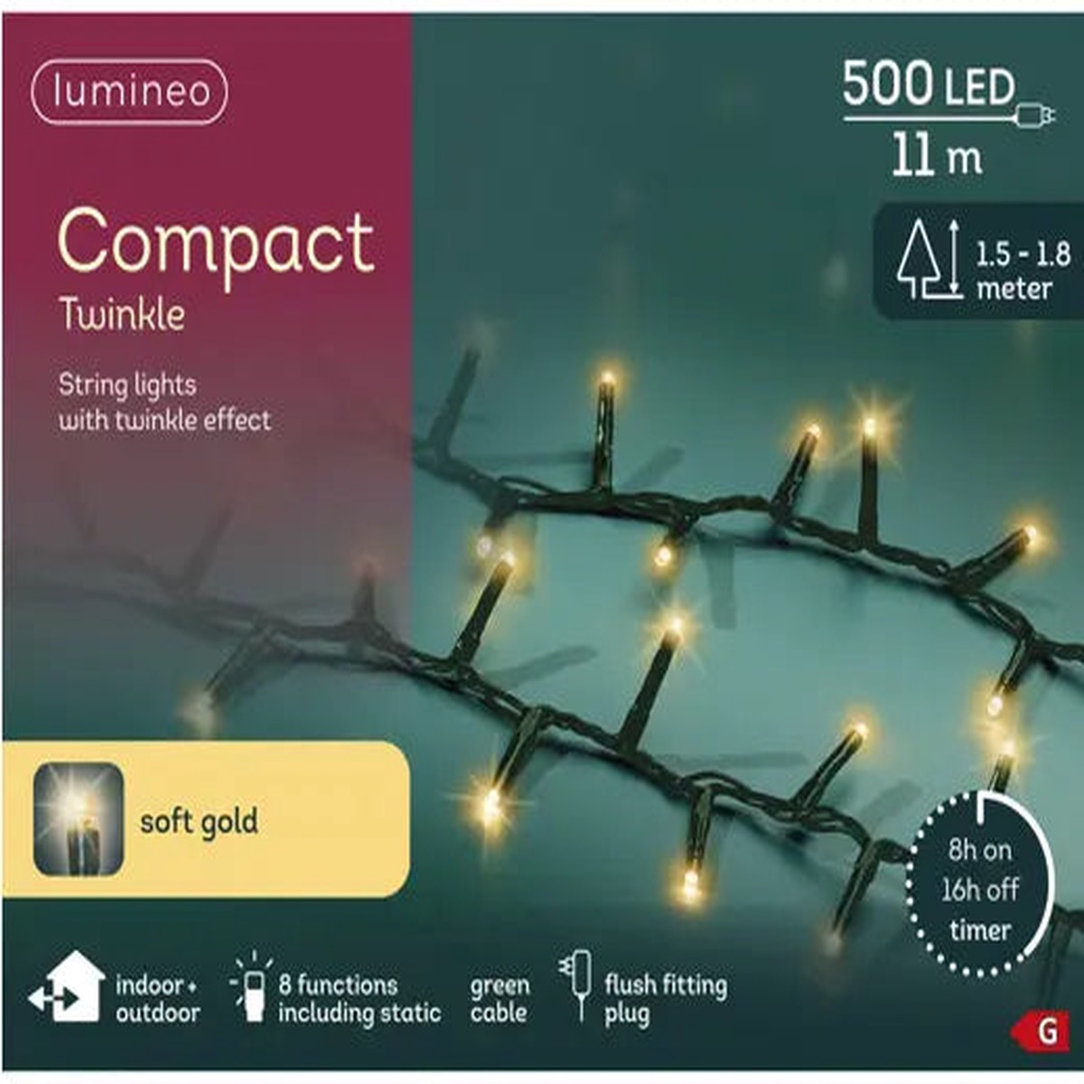 LED compact lights gb 8 function twinkle effect outdoor green/soft gold L.1100cm